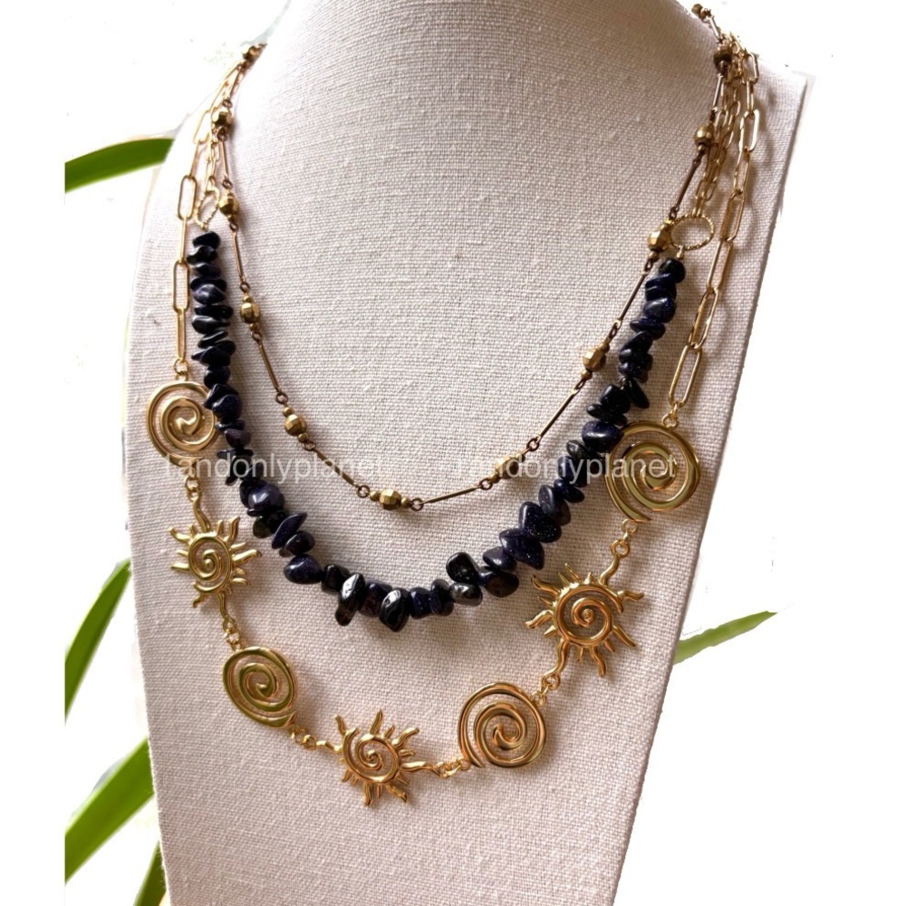 Mix Metallic Sun Gold Chain Layered Statement Necklace w Natural Stones